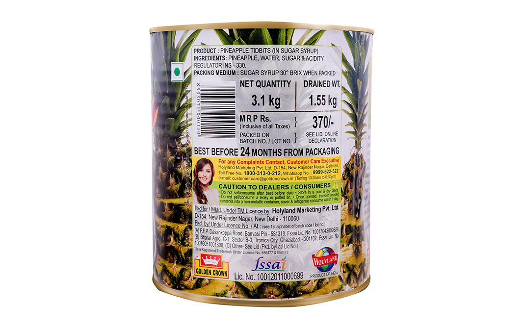 Golden Crown Pineapple Titbit In Sugar Syrup   Tin  3.1 kilogram